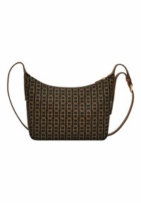 Borsa a spalla con motivo, caratterizzata da una superficie liscia e scura con un design geometrico marrone ripetuto; include una tracolla marrone e dettagli in oro.