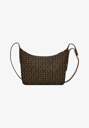 Gemusterte Schultertasche mit einer glatten, dunklen Oberfläche, die ein sich wiederholendes braunes geometrisches Design aufweist; sie hat einen braunen Riemen und goldene Beschläge.