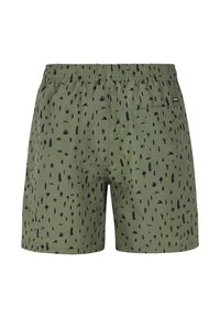 Zielone kąpielówki z czarnymi abstrakcyjnymi wzorami, elastycznym pasem i tylną kieszenią. Gładka tekstura, projekt sięgający kolan.