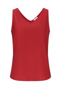 Red sleeveless top made of smooth fabric. Features a wide V-neckline and a relaxed fit with rounded hem. No visible patterns or hardware.