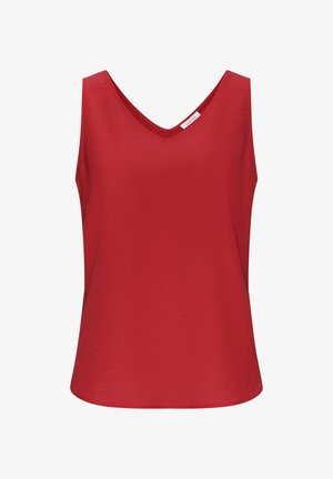 Haut sans manches rouge en tissu lisse. Dispose d'un décolleté en V large et d'une coupe décontractée avec un ourlet arrondi. Pas de motifs ni de matériel visible.