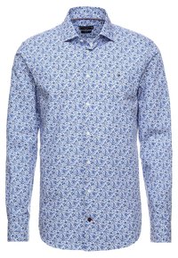 Men's long-sleeve shirt in light blue cotton fabric with a floral pattern, featuring a button-down collar and small logo embroidery.