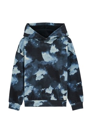 Kapuzensweatshirt mit langen Ärmeln in Schwarz und blauem Batikmuster, gerippte Bündchen und Saum, Vorderansicht.