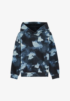 Hoodie met lange mouwen in zwart en blauw tie-dye patroon, geribbelde manchetten en zoom, vooraanzicht.