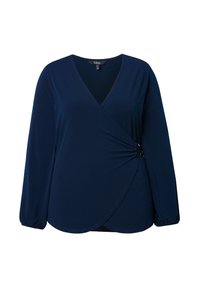 Navyblauer Langarm-Wickeloberteil aus weichem Stoff, mit V-Ausschnitt, verdrehtem Vorderteil und elastischen Bündchen.