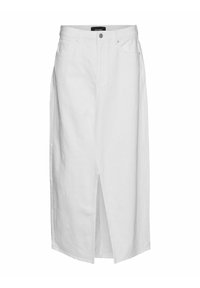 Bela denim midi krila s sprednjim razporkom, standardnim pasom, petimi žepi in subtilnimi vezenimi zvezdami po celotni površini.