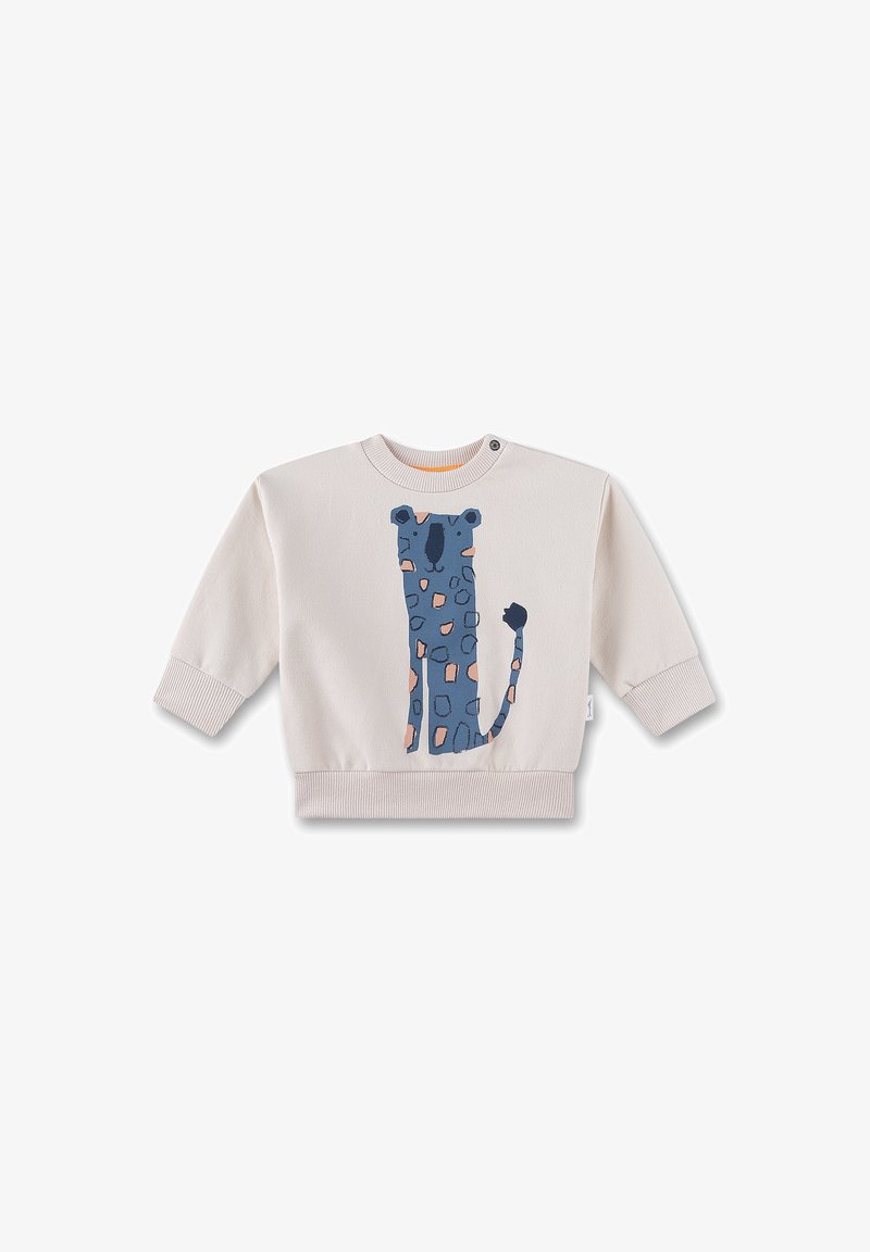 Hellbeige Sweatshirt mit einem blauen Leopardenmuster, das rechteckige Formen in Pink zeigt. Gerippte Bündchen und Saum, Druckknopf an der Schulter.