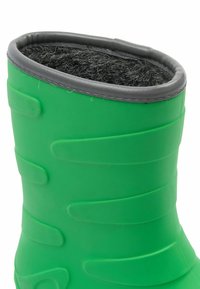 La botte en caoutchouc verte présente un extérieur texturé, une doublure en polaire noire en haut et un rebord lisse gris. Sa forme est droite avec un design légèrement effilé.