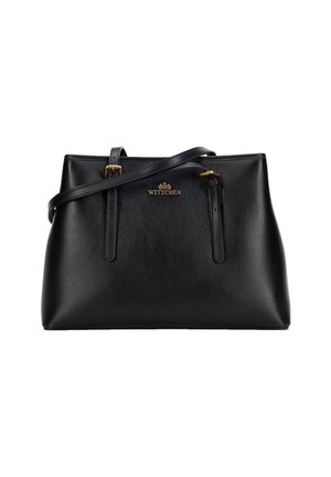 Schwarze Lederhandtasche mit strukturiertem Finish, ausgestattet mit goldenen Hardwareakzenten, zwei verstellbaren Trägern und einem goldenen Logodetail an der Vorderseite.