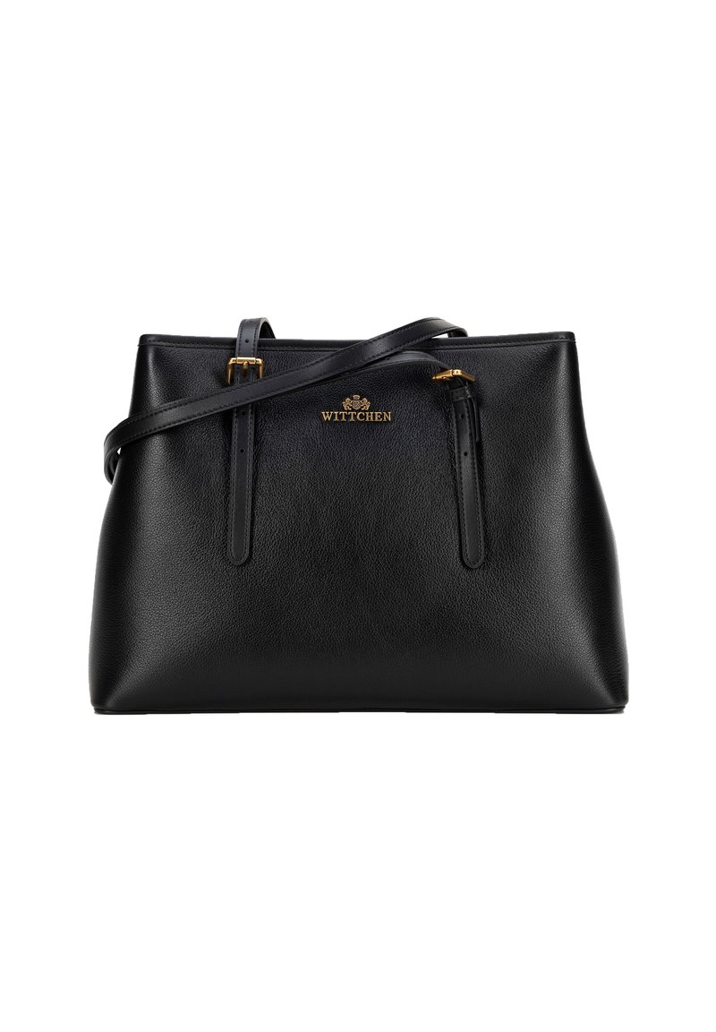 Sac à main en cuir noir avec une finition texturée, présentant des accents en métal doré, deux sangles réglables et un logo doré sur le devant.