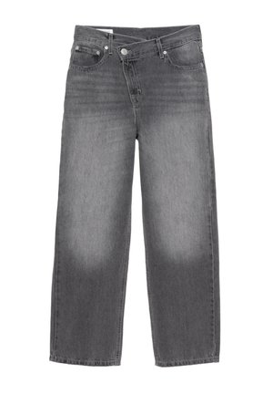 Szare dżinsy o szerokich nogawkach z miękką fakturą, z pięcioma kieszeniami i zapięciem na guzik, z delikatnym wyblaknięciem na przodzie.