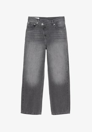 Grijze denim wijde jeans met een zachte textuur, voorzien van een ontwerp met vijf zakken en een knoopsluiting, met lichte vervaging aan de voorkant.