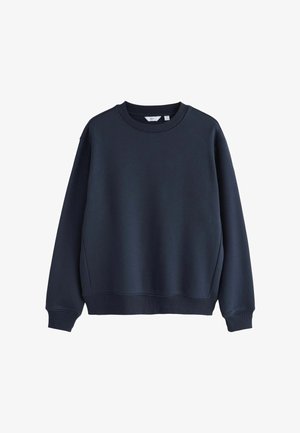 Navy blue sweatshirt with a round neck, ribbed cuffs, and hem. Made of smooth fabric with a slightly loose fit and no visible logos.