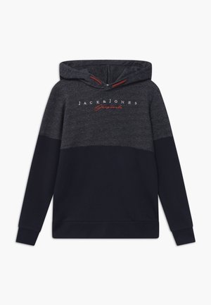 Sweat à capuche bleu marine avec un haut gris chiné foncé, doté de cordons de serrage, d'une poche kangourou à l'avant et du texte "JACK & JONES Originals".