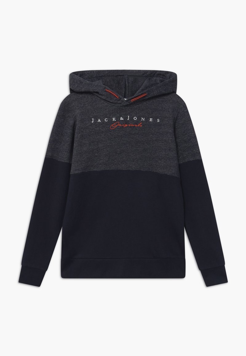 Sweat à capuche bleu marine avec un haut gris chiné foncé, doté de cordons de serrage, d'une poche kangourou à l'avant et du texte "JACK & JONES Originals".