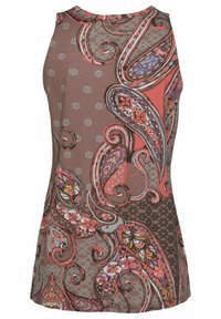 Ärmelloses Oberteil in Braun mit einem Paisley-Muster in Pink, Lila und floralen Designs; leichtes Gewebe mit glatter Textur.