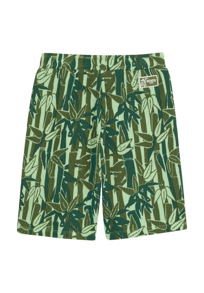 Groene en olijfgroene korte broeken van gestructureerde stof, met een bamboebladpatroon en een elastische tailleband. Voorzien van een KENZO-label.