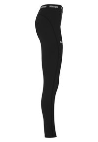 Leggings neri con una texture liscia, vita alta elastica che presenta il logo "Kempa" in bianco, progettati per l'abbigliamento sportivo.