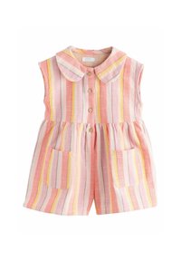 Giocattolo senza maniche a strisce nei colori rosa, giallo e bianco. Presenta un colletto rotondo, chiusura con bottoni e due tasche anteriori. Tessuto testurizzato.