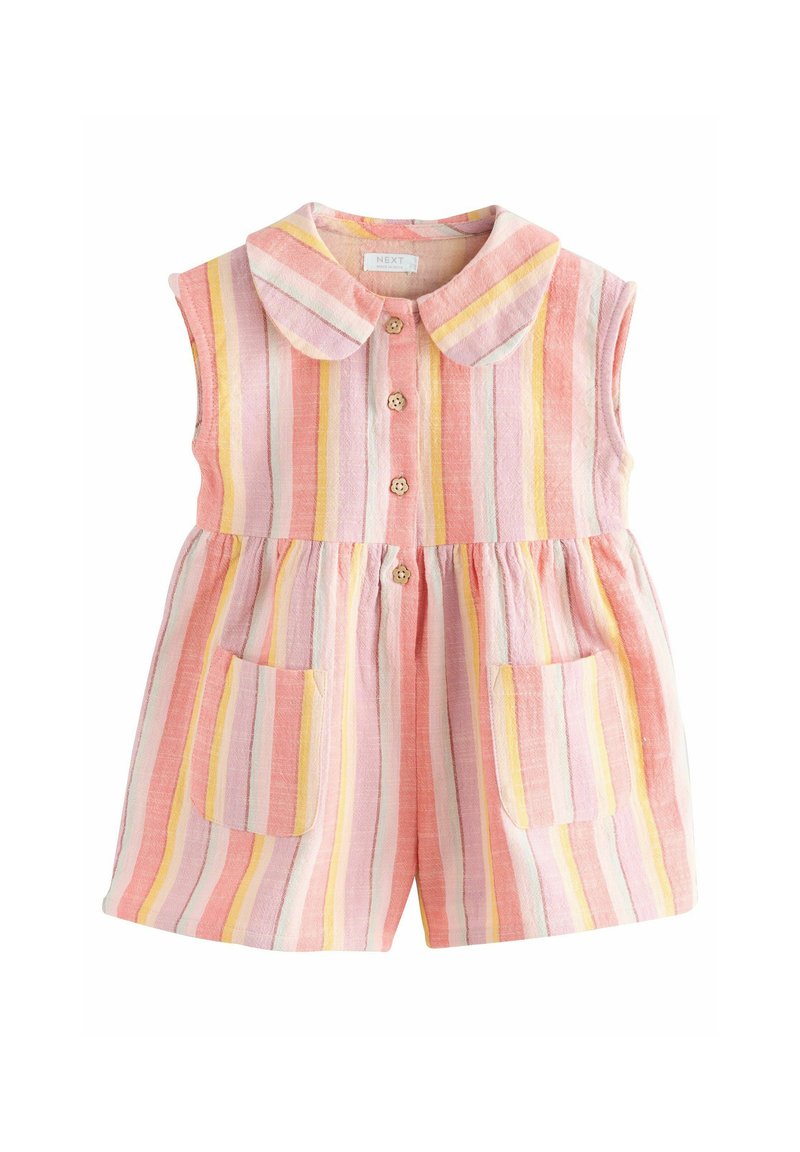 Giocattolo senza maniche a strisce nei colori rosa, giallo e bianco. Presenta un colletto rotondo, chiusura con bottoni e due tasche anteriori. Tessuto testurizzato.