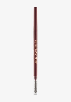 Brown brow pencil with a smooth texture, featuring a retractable design and a built-in bristle brush on the end for shaping.