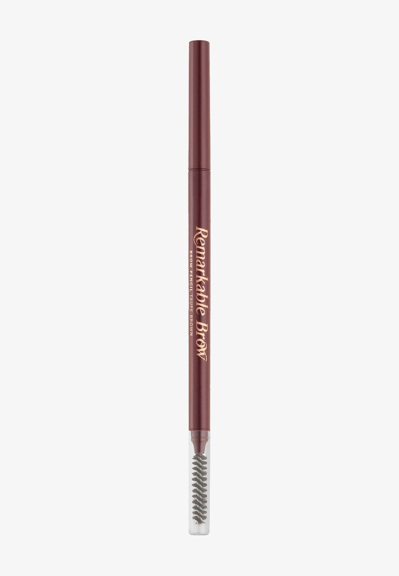 Crayon à sourcils marron avec une texture lisse, doté d'un design rétractable et d'une brosse à poils intégrée à une extrémité pour le façonnage.