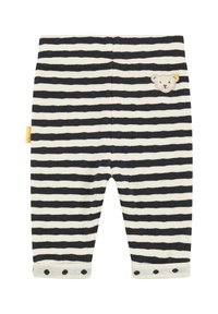 Striped cotton leggings in cream and navy, featuring an embroidered bear on the front and black dot accents on the cuffs.