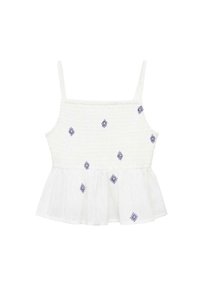Débardeur en coton blanc avec corsage froncée, bretelles spaghetti et bas en peplum superposé. Présente des motifs de diamants brodés en violet sur l'ensemble.