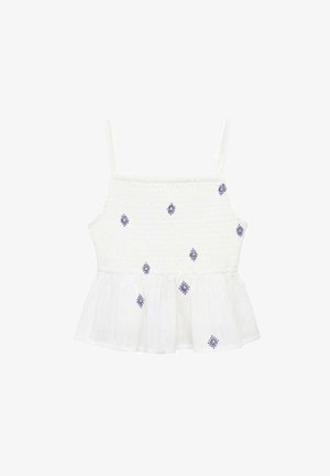 Top din bumbac alb, cu corpul smockat, bretele subțiri și tiv tip peplum stratificat. Prezintă modele cu diamante brodate în nuanțe de violet.
