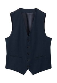 Gilet marine en tissu, avec un col en V, six boutons sur le devant, deux poches latérales et une doublure intérieure lisse.