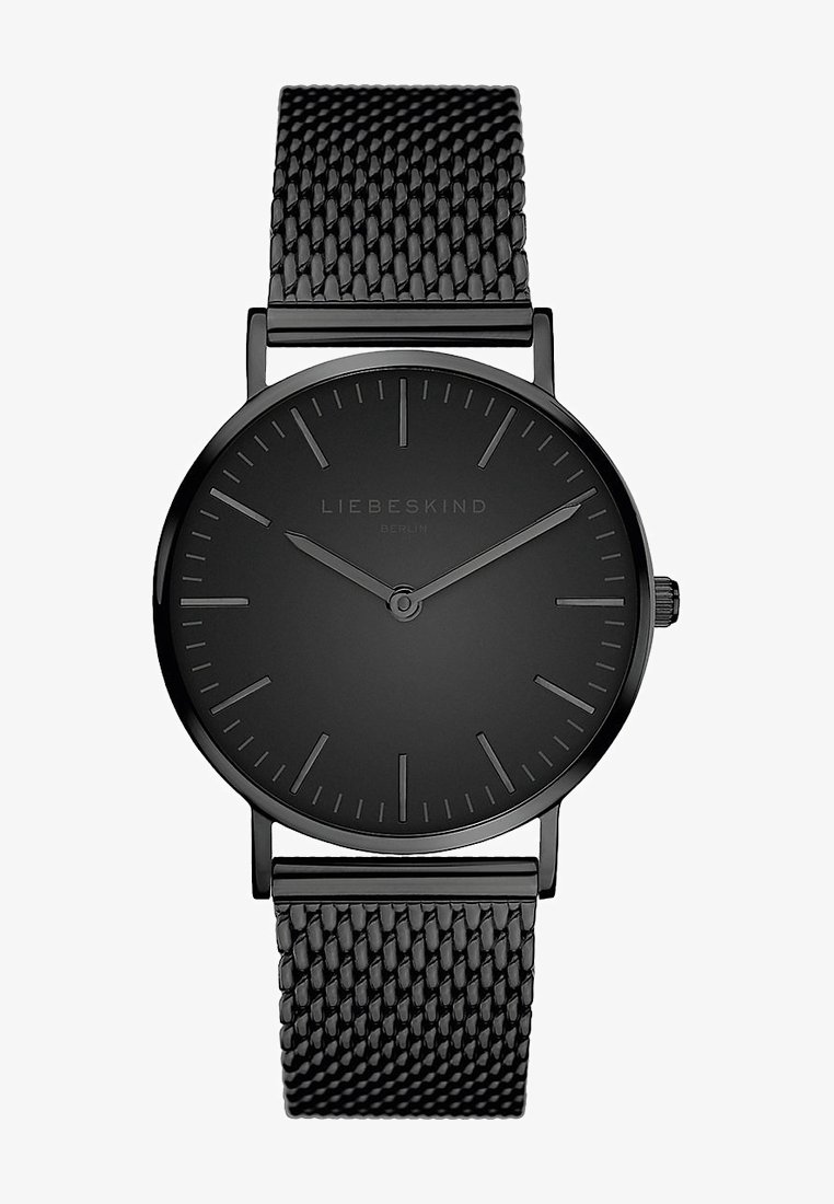 Montre-bracelet noire Liebeskind Berlin avec cadran minimaliste, index fins et bracelet en métal maille affichant 10h10.