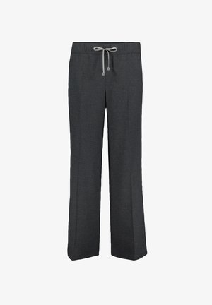 Graue weit geschnittene Hose mit einem Kordelzugbund, aus strukturiertem Stoff gefertigt, mit glatter Oberfläche und ohne auffällige Muster.