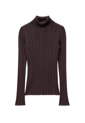 Dunkelbrauner gerippter Rollkragenpullover mit engem Kragen und langen Ärmeln, aus strukturiertem Stoff und geradem Saum.