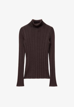 Dunkelbrauner gerippter Rollkragenpullover mit engem Kragen und langen Ärmeln, aus strukturiertem Stoff und geradem Saum.