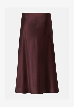 Midi-length satin skirt in dark burgundy with a smooth, slightly flared silhouette and no visible patterns or embellishments.