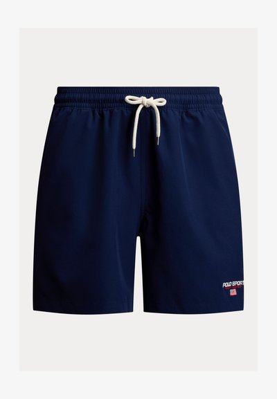 Marineblauwe zwembroek voor heren met witte trekkoord, elastische tailleband en klein Polo Sport-logo met Amerikaanse vlag op het linkerbeen.