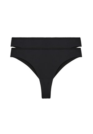 Sous-vêtement bikini noir pour femme avec taille basse et détail de double ceinture, présenté sur fond blanc.