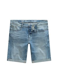 Bermudas de mezclilla en azul claro, con un diseño de cinco bolsillos, puños doblados y cierre de botón. Textura suave con un ligero desgaste.