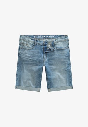 Lichtblauwe denimshorts met een vijf-pocket ontwerp, opgerolde zakken en een knoopsluiting. Gladde textuur met subtiele vervaging.