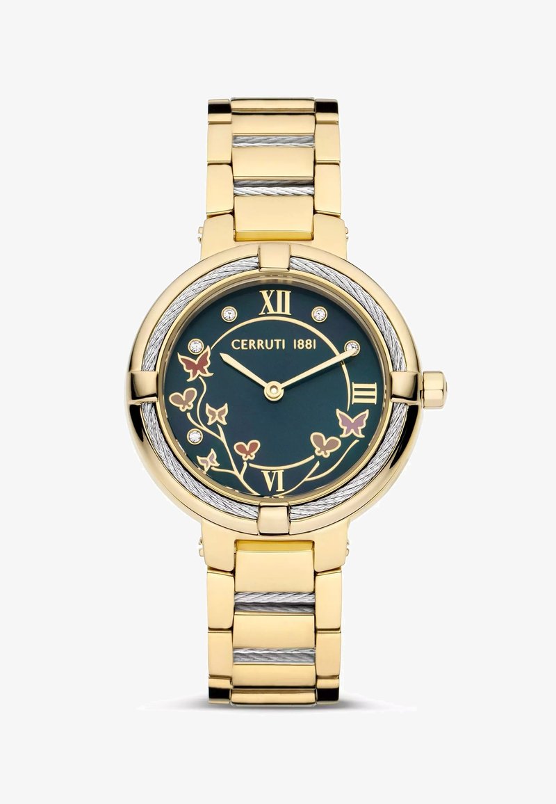 Hodinky Cerruti 1881 se zlatým nerezovým ocelovým náramkem, zeleným ciferníkem, římskými číslicemi, motýlími motivy a křišťálovými akcenty.