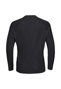 Schwarzes Langarmshirt, leichtes Gewebe, glatte Textur, körperbetontes Design, Rundhalsausschnitt, Raglanärmel, minimale Nähdetails.