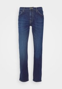 Tmavě modré džíny rovného střihu s předními kapsami, poutky na pásek, viditelným švem a páskem na knoflík.