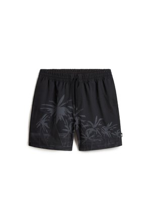 Sorte svøm shorts med elastisk talje, der har et subtilt palmetræsmønster i en mørkere nuance af sort. Glat tekstur, let materiale.