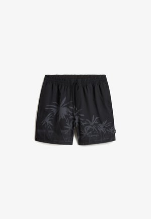 Schwarze Badehose mit einem elastischen Bund, versehen mit einem subtilen Palmenmuster in einer dunkleren Schwarztönung. Glatte Textur, leichtes Material.