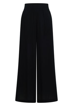 Pantalon noir à jambes larges avec taille élastique, ourlet droit, sans motifs ni ornements visibles.