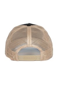 Gorra de malla color beige en la parte posterior con una delantera de tela negra, visera curvada y cierre de plástico ajustable. Patrón de malla distintivo en la parte trasera.