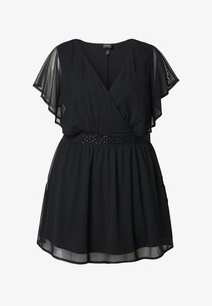 Musta mekko, jossa on V-pääntie ja leveät läpinäkyvät hihat. Ominaisuuksina istuva vyötärö koristeellisine helmineen ja laskeutuva helma. Kevyt kangas.