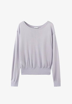 Lichtpaarse trui met lange mouwen, een brede ronde hals en geribbelde boorden bij de mouwen en taille, plat neergelegd op een witte achtergrond.