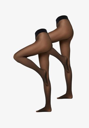 Collants noirs transparents à finition mate, dotés d'une large ceinture noire et d'une texture lisse. Positionnés pour montrer les jambes dans une pose dynamique.