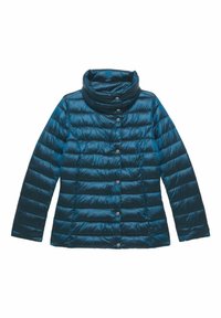 Dunjakke i mørk teal med høj krave, horisontalt quiltet design og trykknaplukninger foran. Glat, skinnende materiale.